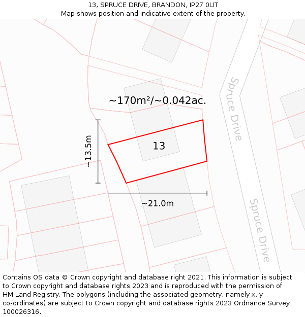 13, SPRUCE DRIVE, BRANDON, IP27 0UT: Plot and title map