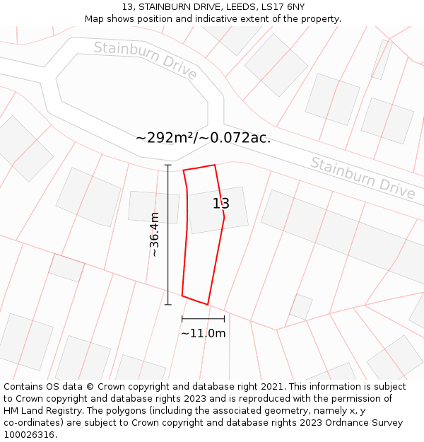 13, STAINBURN DRIVE, LEEDS, LS17 6NY: Plot and title map