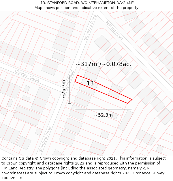 13, STANFORD ROAD, WOLVERHAMPTON, WV2 4NF: Plot and title map