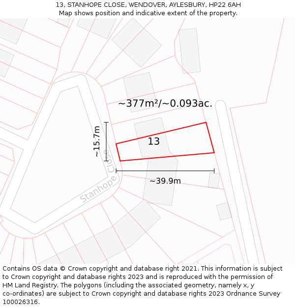 13, STANHOPE CLOSE, WENDOVER, AYLESBURY, HP22 6AH: Plot and title map