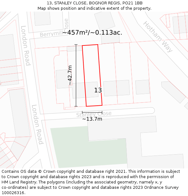 13, STANLEY CLOSE, BOGNOR REGIS, PO21 1BB: Plot and title map