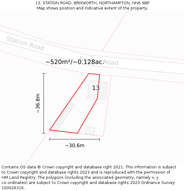 13, STATION ROAD, BRIXWORTH, NORTHAMPTON, NN6 9BP: Plot and title map