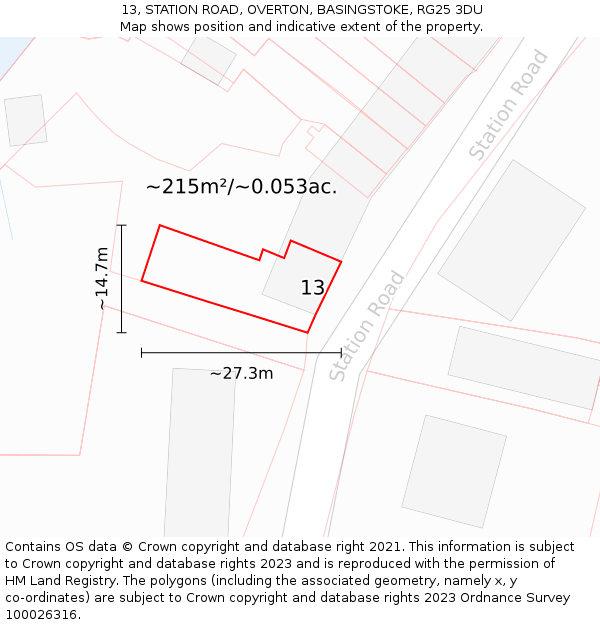 13, STATION ROAD, OVERTON, BASINGSTOKE, RG25 3DU: Plot and title map