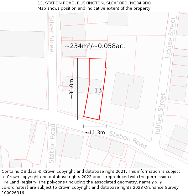 13, STATION ROAD, RUSKINGTON, SLEAFORD, NG34 9DD: Plot and title map