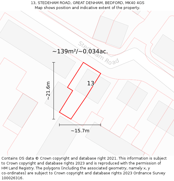 13, STEDEHAM ROAD, GREAT DENHAM, BEDFORD, MK40 4GS: Plot and title map