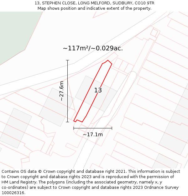 13, STEPHEN CLOSE, LONG MELFORD, SUDBURY, CO10 9TR: Plot and title map