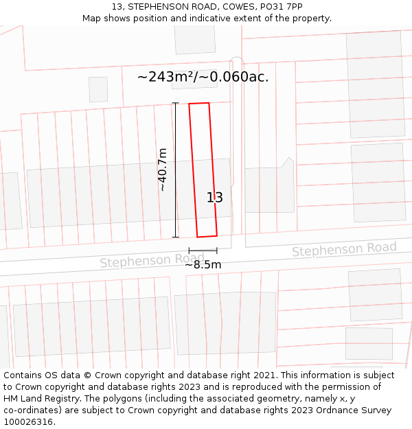 13, STEPHENSON ROAD, COWES, PO31 7PP: Plot and title map
