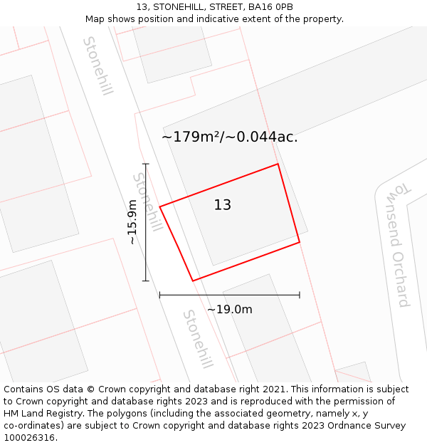 13, STONEHILL, STREET, BA16 0PB: Plot and title map