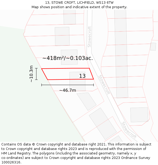 13, STOWE CROFT, LICHFIELD, WS13 6TW: Plot and title map