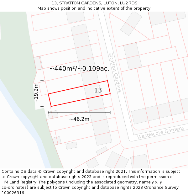 13, STRATTON GARDENS, LUTON, LU2 7DS: Plot and title map