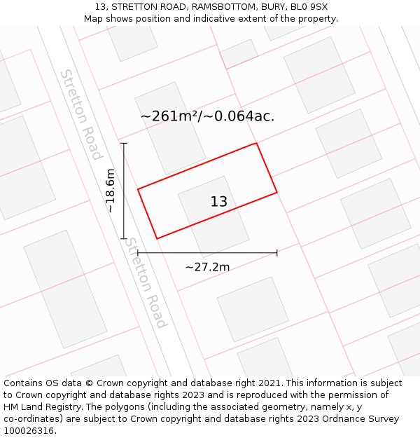 13, STRETTON ROAD, RAMSBOTTOM, BURY, BL0 9SX: Plot and title map