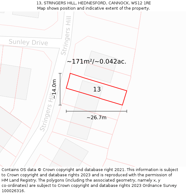 13, STRINGERS HILL, HEDNESFORD, CANNOCK, WS12 1RE: Plot and title map