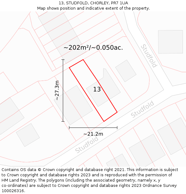 13, STUDFOLD, CHORLEY, PR7 1UA: Plot and title map