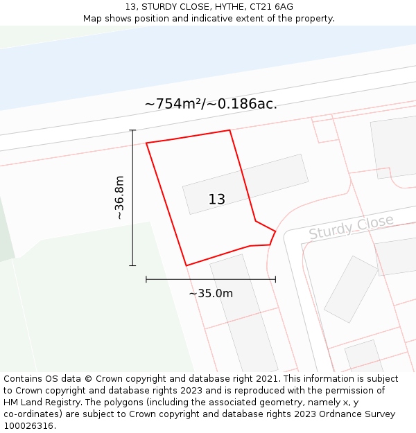 13, STURDY CLOSE, HYTHE, CT21 6AG: Plot and title map