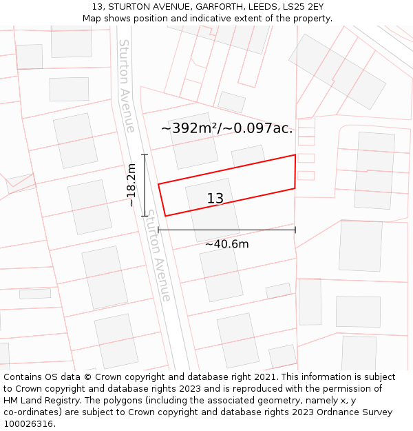 13, STURTON AVENUE, GARFORTH, LEEDS, LS25 2EY: Plot and title map