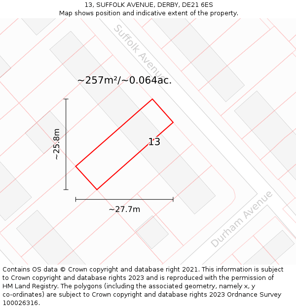 13, SUFFOLK AVENUE, DERBY, DE21 6ES: Plot and title map