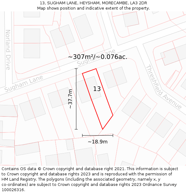 13, SUGHAM LANE, HEYSHAM, MORECAMBE, LA3 2DR: Plot and title map