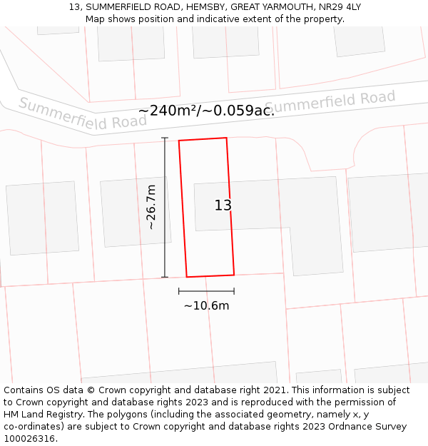 13, SUMMERFIELD ROAD, HEMSBY, GREAT YARMOUTH, NR29 4LY: Plot and title map