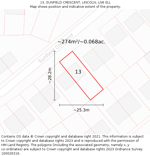 13, SUNFIELD CRESCENT, LINCOLN, LN6 0LL: Plot and title map