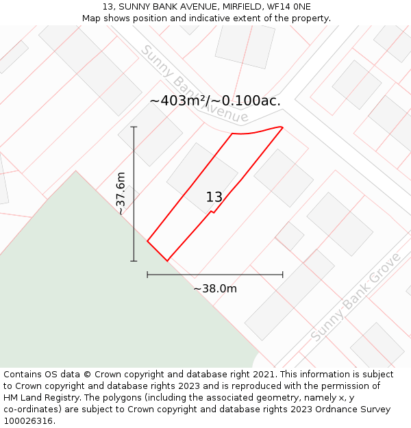 13, SUNNY BANK AVENUE, MIRFIELD, WF14 0NE: Plot and title map