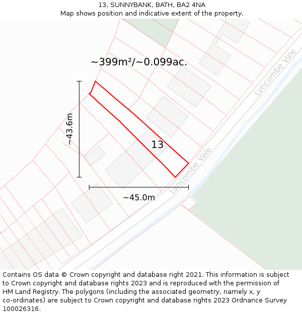 13, SUNNYBANK, BATH, BA2 4NA: Plot and title map