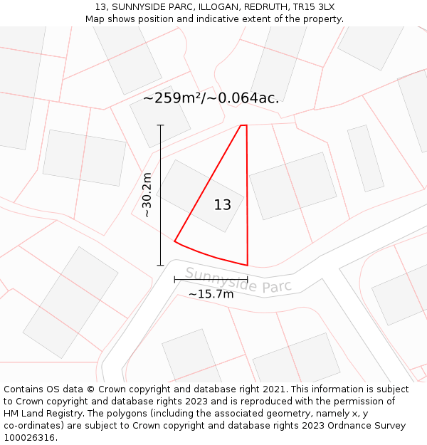 13, SUNNYSIDE PARC, ILLOGAN, REDRUTH, TR15 3LX: Plot and title map