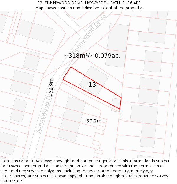 13, SUNNYWOOD DRIVE, HAYWARDS HEATH, RH16 4PE: Plot and title map