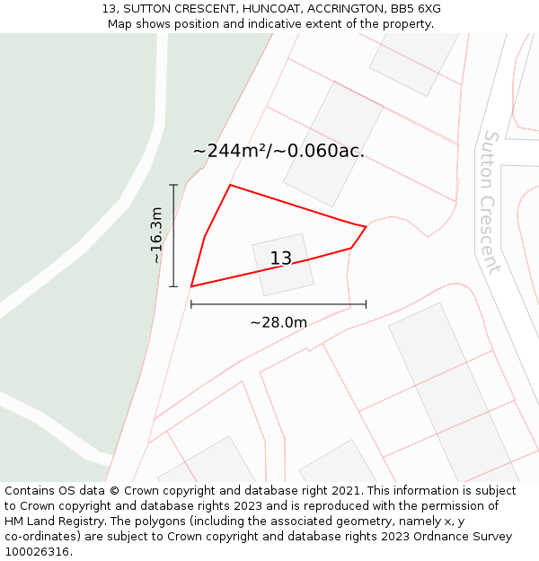 13, SUTTON CRESCENT, HUNCOAT, ACCRINGTON, BB5 6XG: Plot and title map