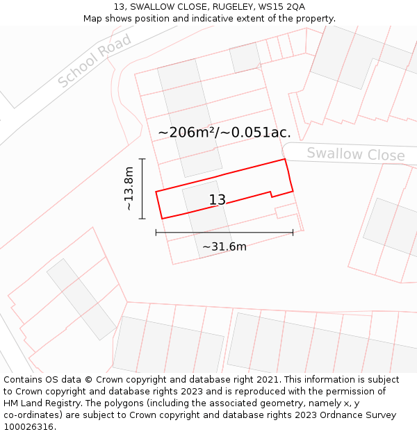 13, SWALLOW CLOSE, RUGELEY, WS15 2QA: Plot and title map