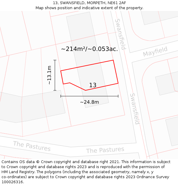 13, SWANSFIELD, MORPETH, NE61 2AF: Plot and title map