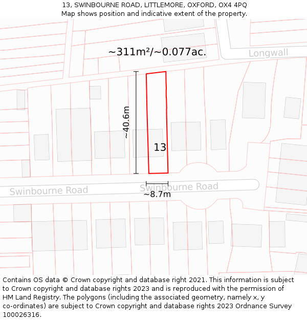 13, SWINBOURNE ROAD, LITTLEMORE, OXFORD, OX4 4PQ: Plot and title map
