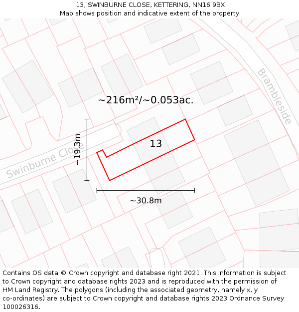 13, SWINBURNE CLOSE, KETTERING, NN16 9BX: Plot and title map