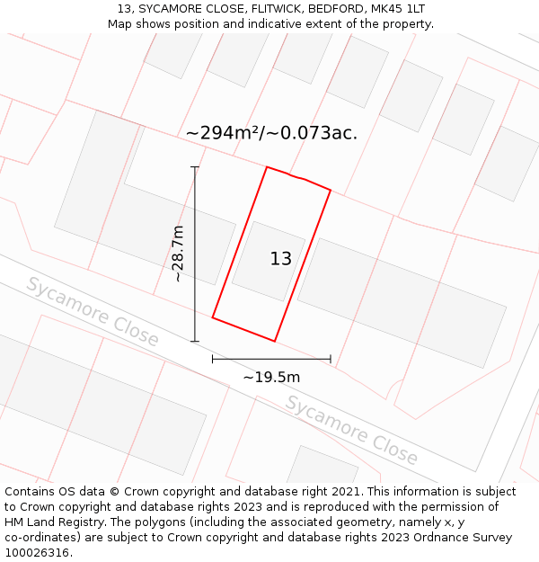 13, SYCAMORE CLOSE, FLITWICK, BEDFORD, MK45 1LT: Plot and title map