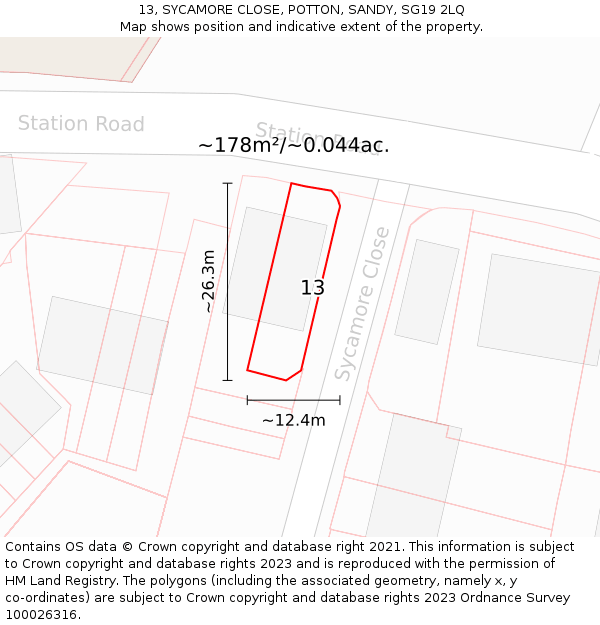 13, SYCAMORE CLOSE, POTTON, SANDY, SG19 2LQ: Plot and title map