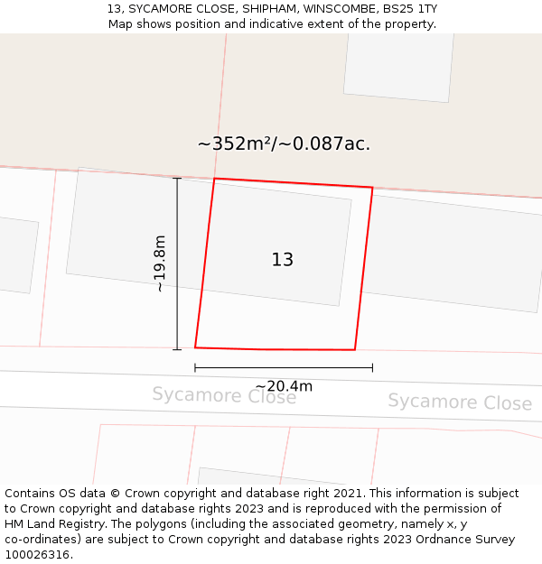 13, SYCAMORE CLOSE, SHIPHAM, WINSCOMBE, BS25 1TY: Plot and title map