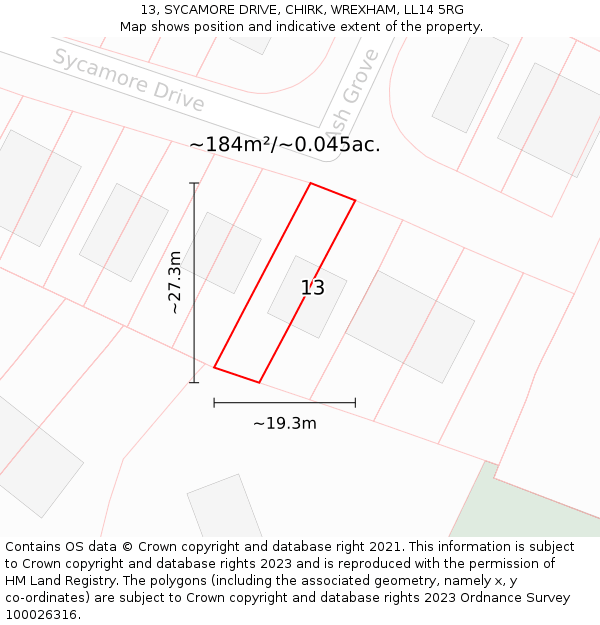 13, SYCAMORE DRIVE, CHIRK, WREXHAM, LL14 5RG: Plot and title map