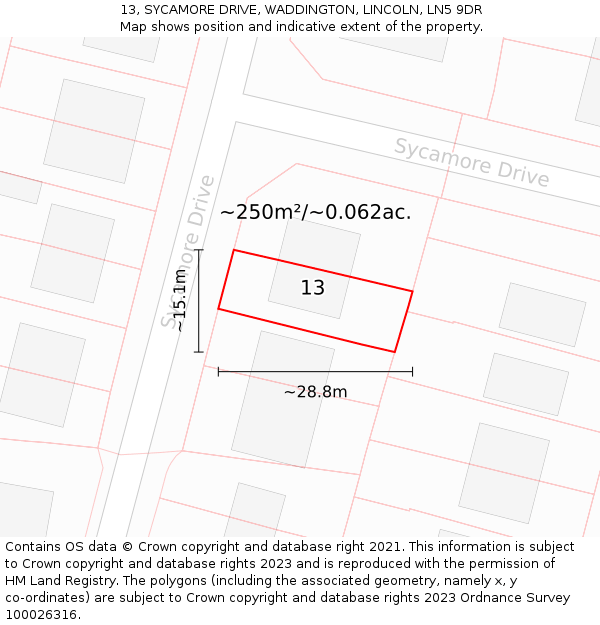 13, SYCAMORE DRIVE, WADDINGTON, LINCOLN, LN5 9DR: Plot and title map