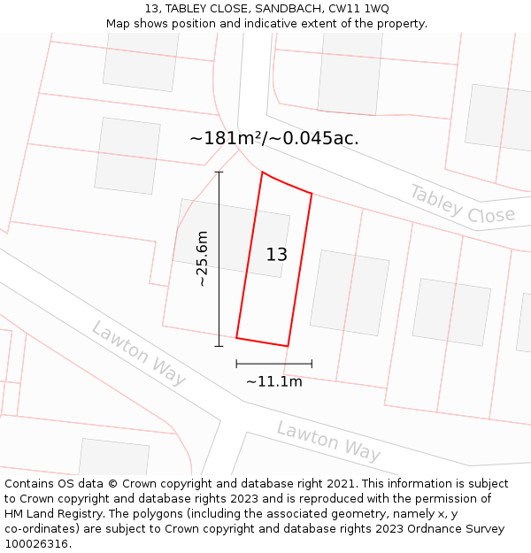 13, TABLEY CLOSE, SANDBACH, CW11 1WQ: Plot and title map