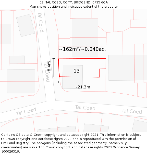 13, TAL COED, COITY, BRIDGEND, CF35 6QA: Plot and title map