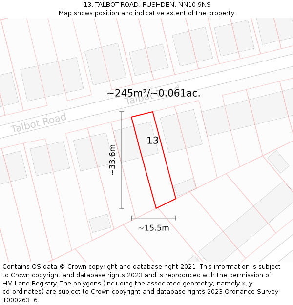 13, TALBOT ROAD, RUSHDEN, NN10 9NS: Plot and title map