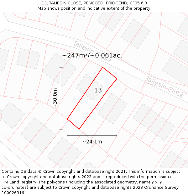 13, TALIESIN CLOSE, PENCOED, BRIDGEND, CF35 6JR: Plot and title map