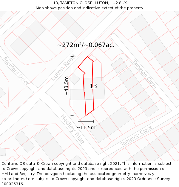13, TAMETON CLOSE, LUTON, LU2 8UX: Plot and title map