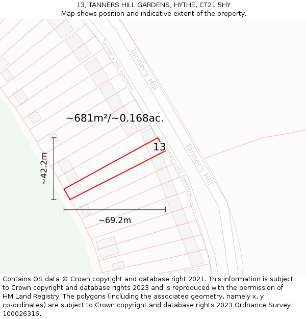 13, TANNERS HILL GARDENS, HYTHE, CT21 5HY: Plot and title map