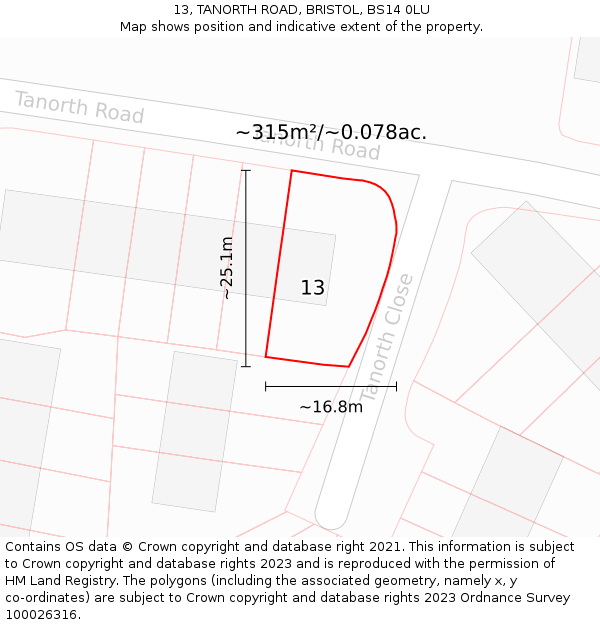 13, TANORTH ROAD, BRISTOL, BS14 0LU: Plot and title map