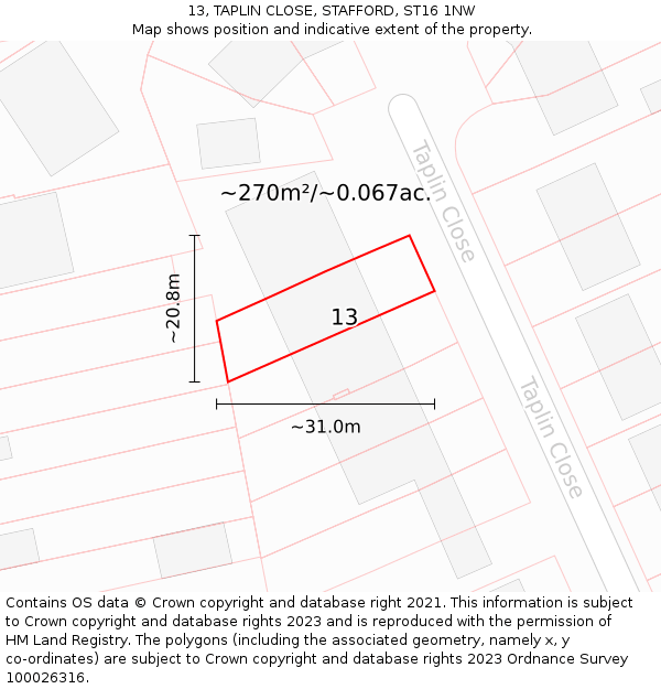 13, TAPLIN CLOSE, STAFFORD, ST16 1NW: Plot and title map