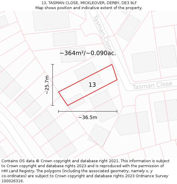 13, TASMAN CLOSE, MICKLEOVER, DERBY, DE3 9LF: Plot and title map