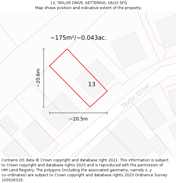 13, TAYLOR DRIVE, KETTERING, NN15 5FQ: Plot and title map