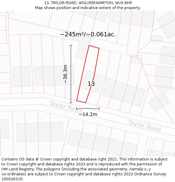 13, TAYLOR ROAD, WOLVERHAMPTON, WV4 6HP: Plot and title map