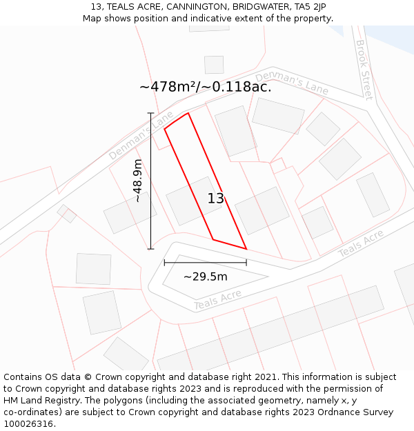 13, TEALS ACRE, CANNINGTON, BRIDGWATER, TA5 2JP: Plot and title map