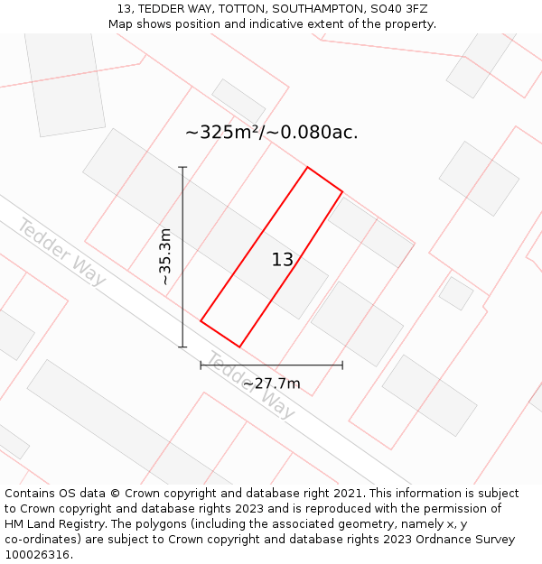 13, TEDDER WAY, TOTTON, SOUTHAMPTON, SO40 3FZ: Plot and title map